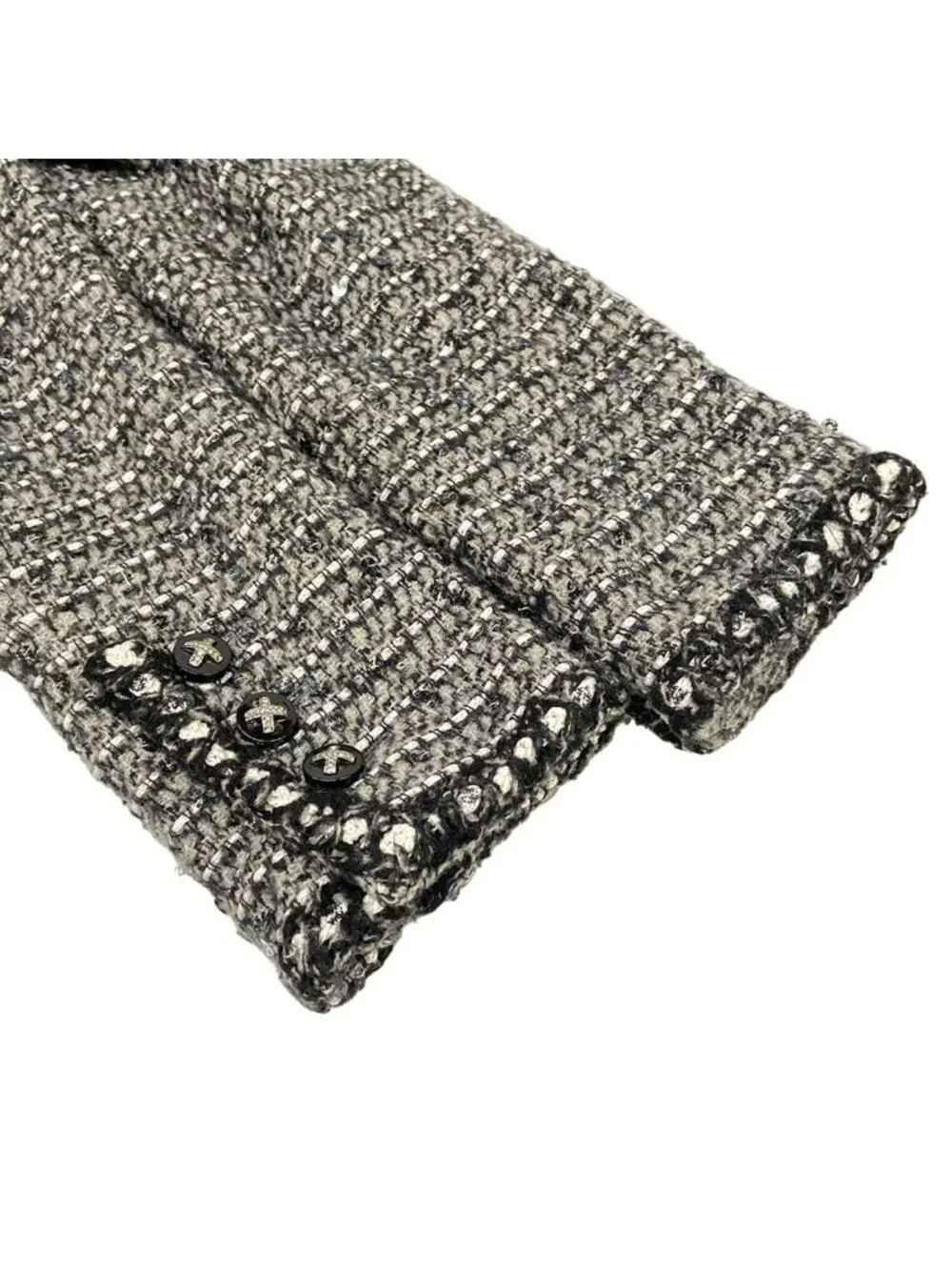 Chanel Jacket 34 S Gray Black White Long Sleeve Tweed Sequin Rhinestone Autumn